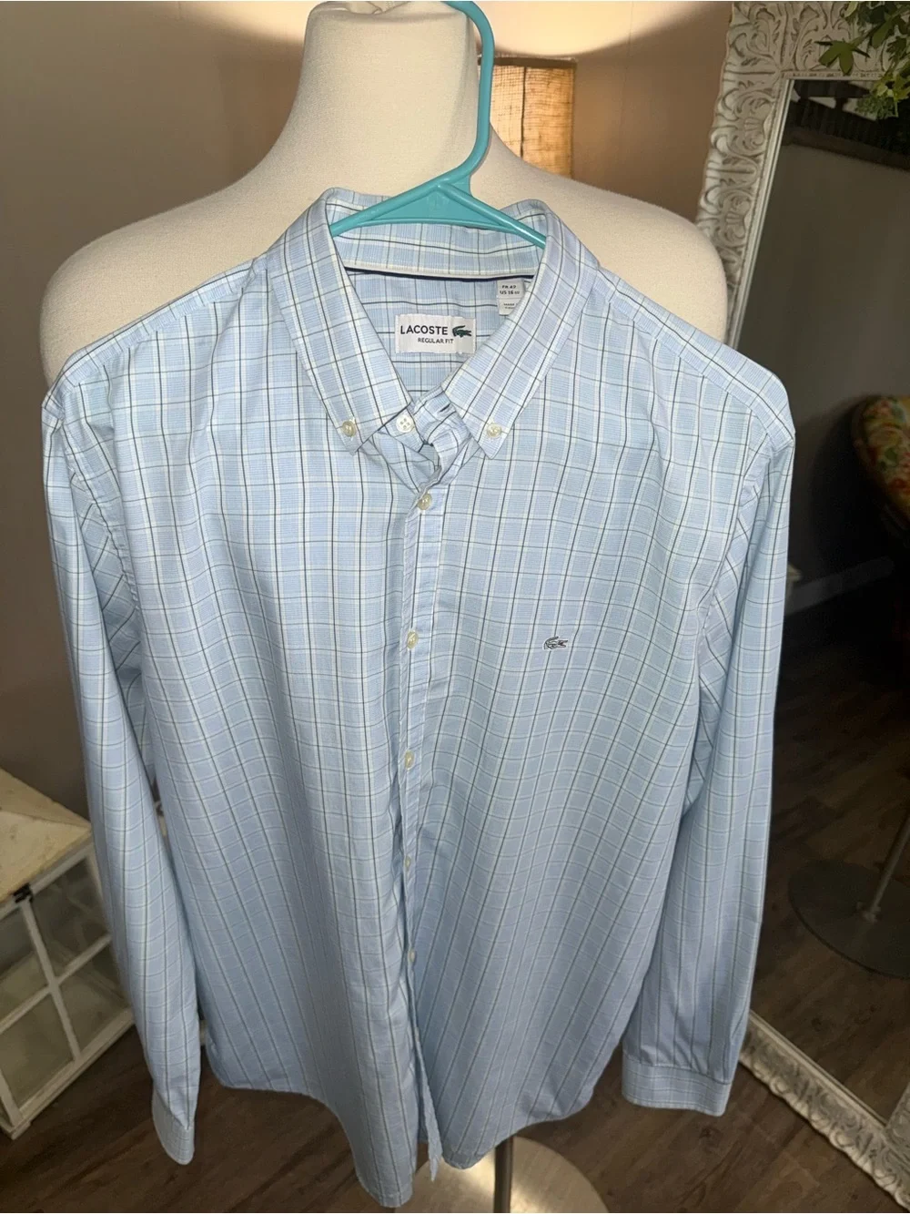 Lacoste Men’s Regular Fit Blue Plaid Button Down Shirt 16.5 Large